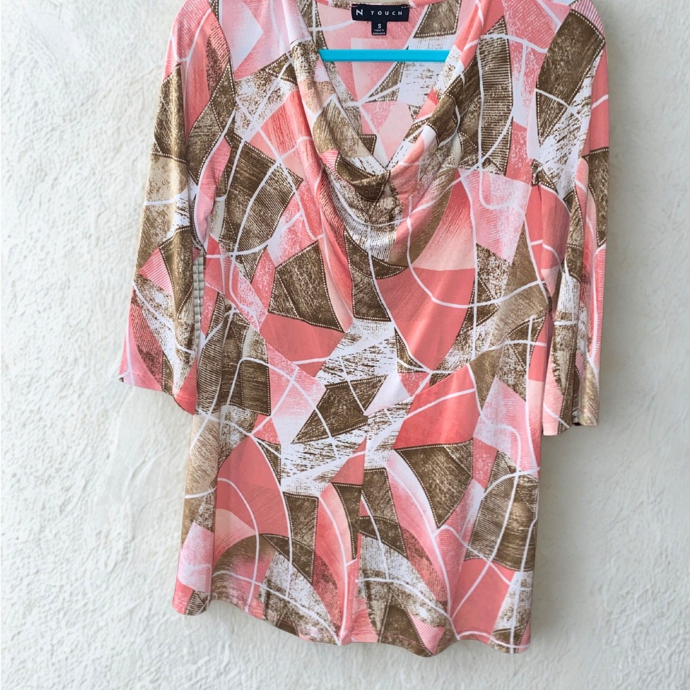 Pink and Brown Abstract Graphic Blouse with Relaxed Fit